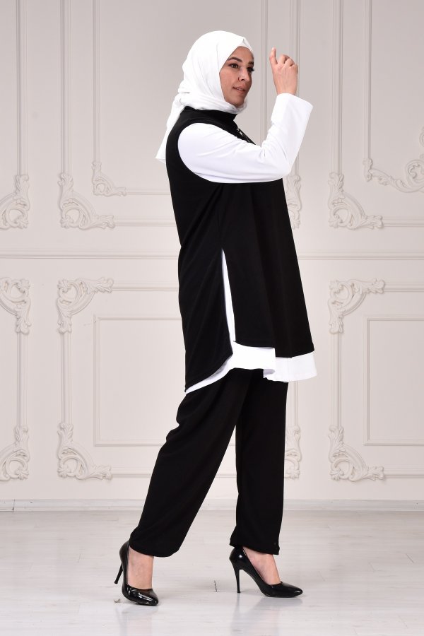 Büyük Beden Yandan Yırtmaçlı Yün Efect Üçlü Takım KOLYE HEDİYELİ Siyah Büyük Beden Yandan Yırtmaçlı Yün Efect Üçlü Takım KOLYE HEDİYELİ Siyah