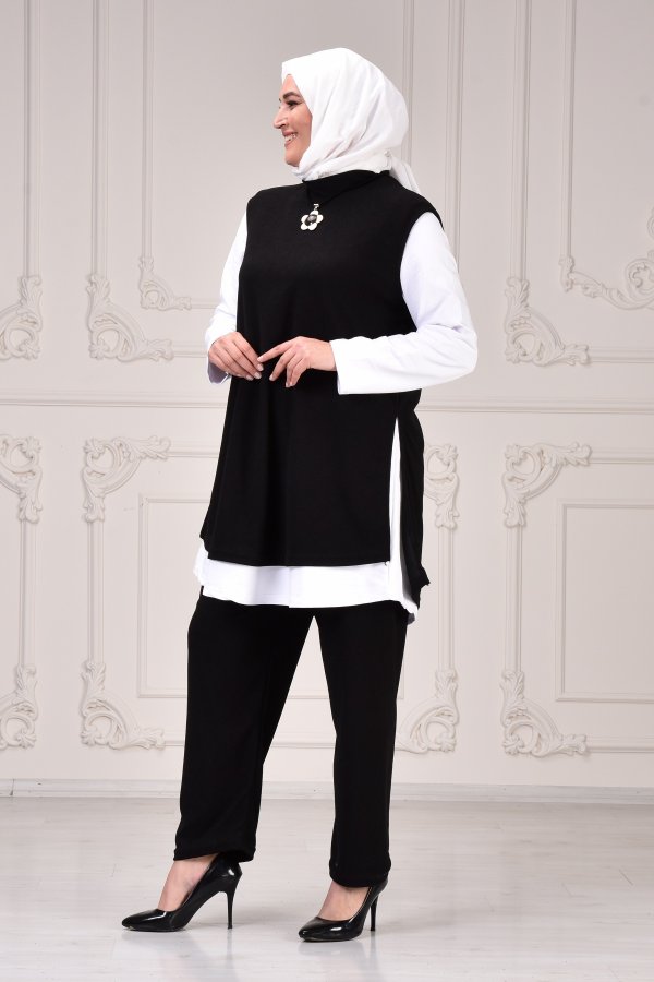 Büyük Beden Yandan Yırtmaçlı Yün Efect Üçlü Takım KOLYE HEDİYELİ Siyah Büyük Beden Yandan Yırtmaçlı Yün Efect Üçlü Takım KOLYE HEDİYELİ Siyah