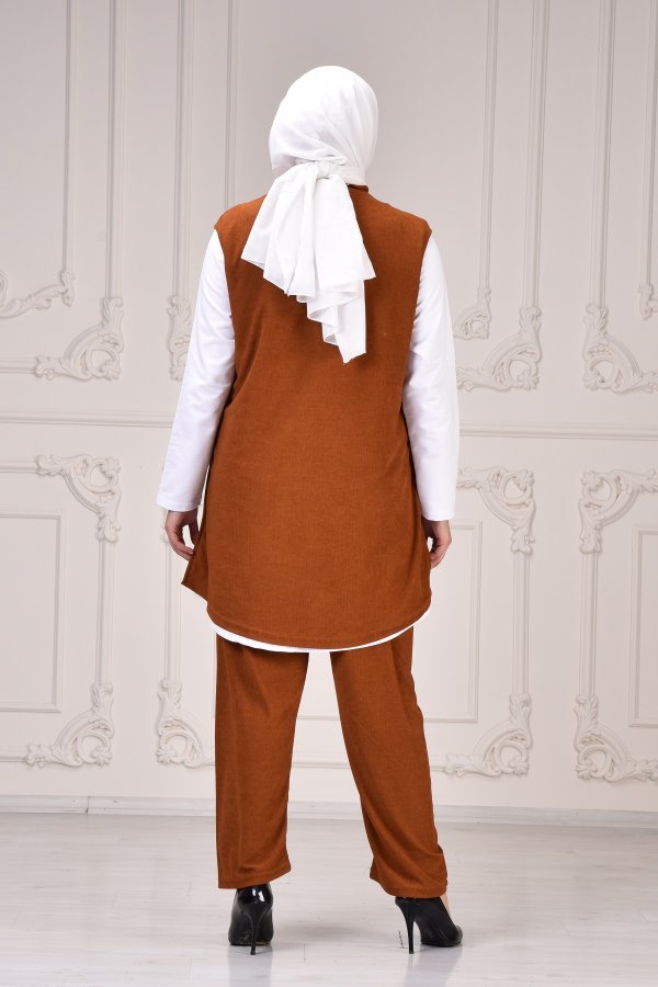 Büyük Beden Yandan Yırtmaçlı Yün Efect Üçlü Takım KOLYE HEDİYELİ Taba Büyük Beden Yandan Yırtmaçlı Yün Efect Üçlü Takım KOLYE HEDİYELİ Taba