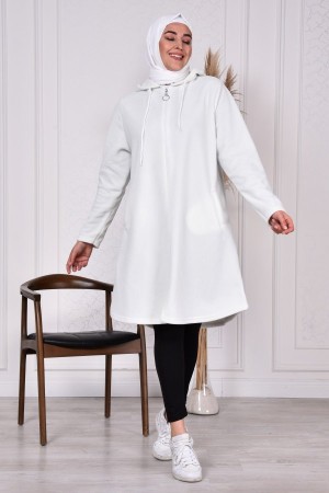 Büyük Beden Kapşonlu Fermuarlı Polar Kap  Ekru