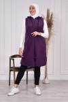 Büyük Beden Kapşonlu Fermuarlı Uzun Polar Yelek  Koyu Mor