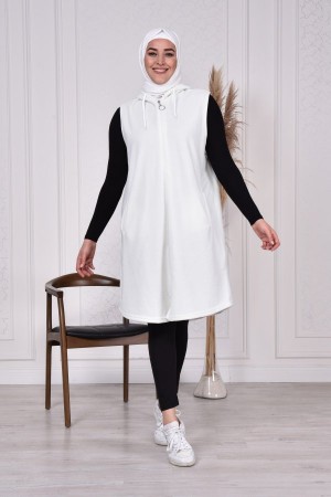 Büyük Beden Kapşonlu Fermuarlı Uzun Polar Yelek  Ekru