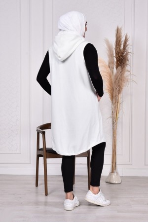 Büyük Beden Kapşonlu Fermuarlı Uzun Polar Yelek Ekru Büyük Beden Kapşonlu Fermuarlı Uzun Polar Yelek Ekru