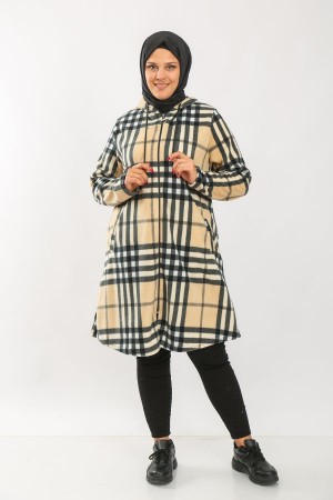 Büyük Beden Kapşonlu Fermuarlı Polar Kap  Bej Dört Çizgi