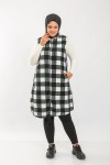 Büyük Beden Kapşonlu Fermuarlı Uzun Polar Yelek  Siyah Ekose