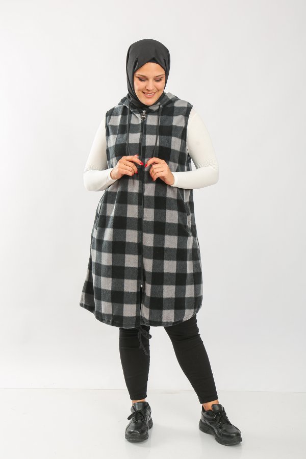 Büyük Beden Kapşonlu Fermuarlı Uzun Polar Yelek  Antrasit Ekose