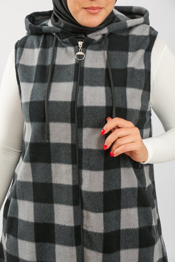 Büyük Beden Kapşonlu Fermuarlı Uzun Polar Yelek  Antrasit Ekose