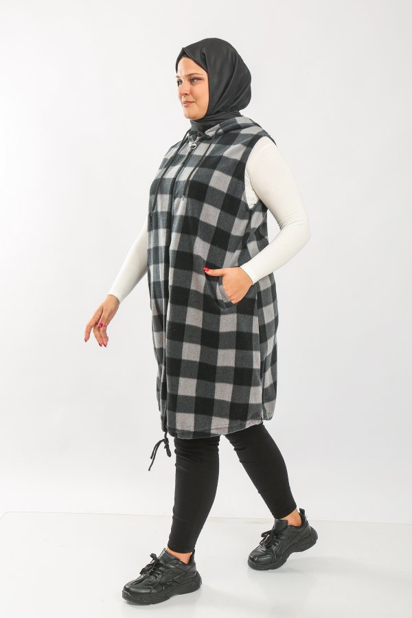 Büyük Beden Kapşonlu Fermuarlı Uzun Polar Yelek  Antrasit Ekose