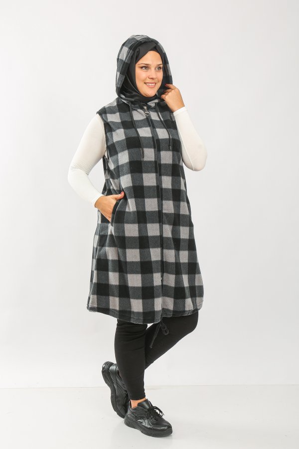 Büyük Beden Kapşonlu Fermuarlı Uzun Polar Yelek  Antrasit Ekose