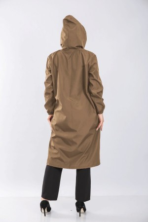 Büyük Beden Ara Boy Su Geçirmez Bondit Kapşonlu Trenç  Taba