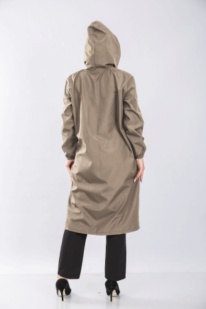 Büyük Beden Ara Boy Su Geçirmez Bondit Kapşonlu Trenç  Vizon