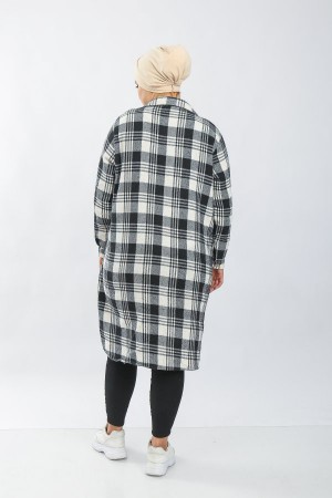 Kadın Büyük Beden Kalın Uzun Oduncu Gömlek  Siyah Beyaz Dört Çizgi