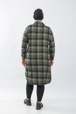 Kadın Büyük Beden Kalın Uzun Oduncu Gömlek  Haki Dört Çizgi