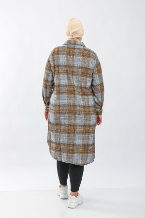 Kadın Büyük Beden Kalın Uzun Oduncu Gömlek  Hardal Gri Dalgalı