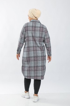 Kadın Büyük Beden Kalın Uzun Oduncu Gömlek  Lila Gri Dalgalı