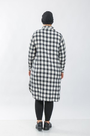 Kadın Büyük Beden Kalın Uzun Oduncu Gömlek  Siyah Beyaz İçiçe Kare