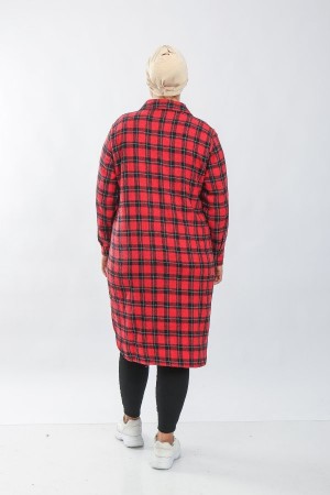 Kadın Büyük Beden Kalın Uzun Oduncu Gömlek  Kırmızı İçiçe Kare