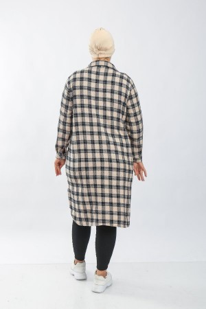 Kadın Büyük Beden Kalın Uzun Oduncu Gömlek  Bej İçiçe Kare