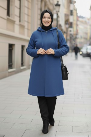 Büyük Beden Kapşonlu Fermuarlı Polar Kap  İndigo