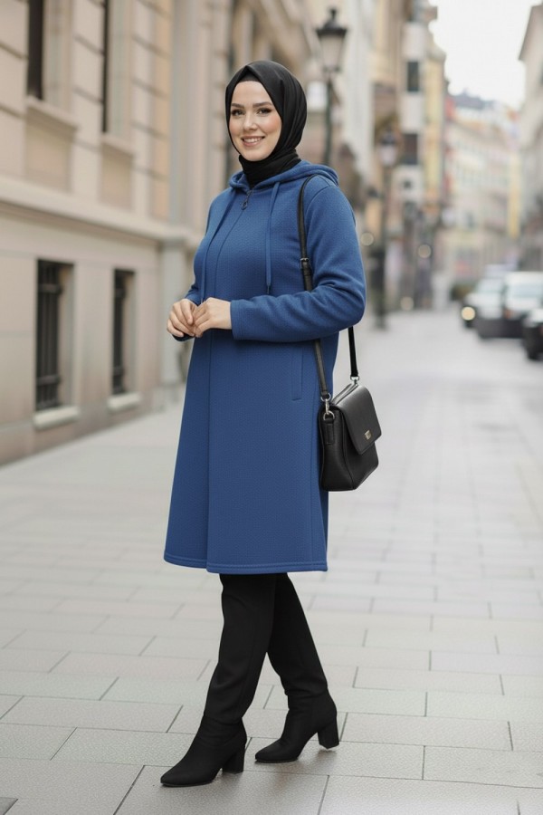 Büyük Beden Kapşonlu Fermuarlı Polar Kap İndigo Büyük Beden Kapşonlu Fermuarlı Polar Kap İndigo