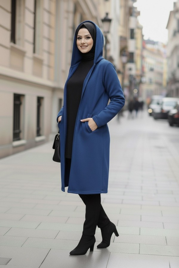 Büyük Beden Kapşonlu Fermuarlı Polar Kap İndigo Büyük Beden Kapşonlu Fermuarlı Polar Kap İndigo