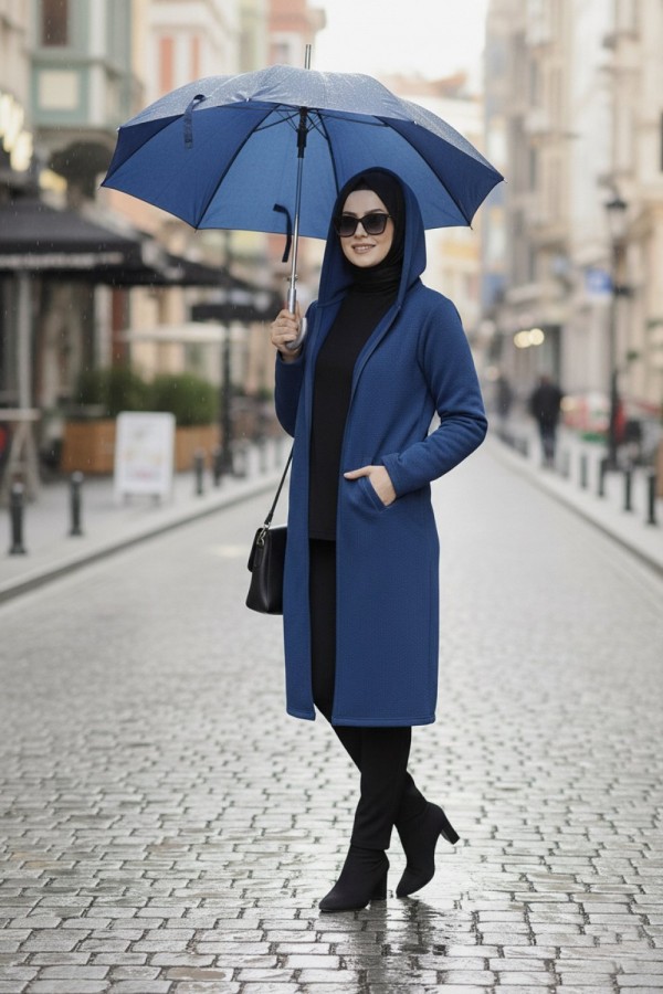 Büyük Beden Kapşonlu Fermuarlı Polar Kap İndigo Büyük Beden Kapşonlu Fermuarlı Polar Kap İndigo