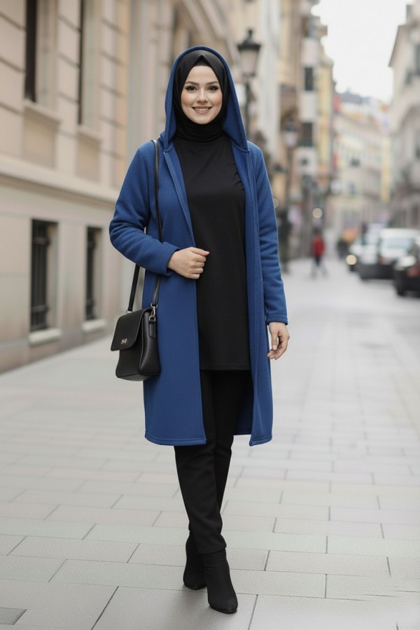 Büyük Beden Kapşonlu Fermuarlı Polar Kap İndigo Büyük Beden Kapşonlu Fermuarlı Polar Kap İndigo