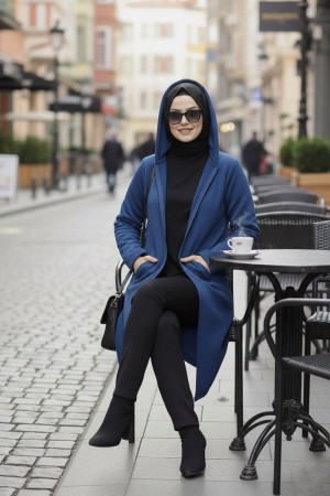 Büyük Beden Kapşonlu Fermuarlı Polar Kap  İndigo