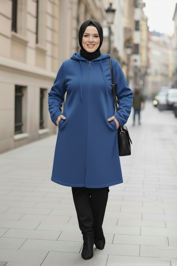 Büyük Beden Kapşonlu Fermuarlı Polar Kap İndigo Büyük Beden Kapşonlu Fermuarlı Polar Kap İndigo