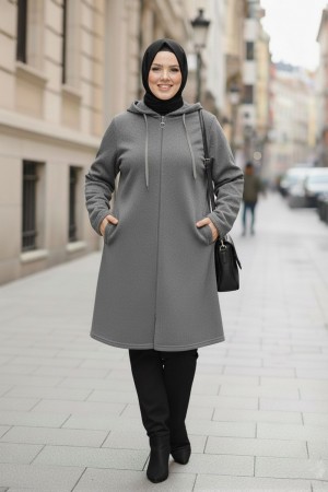 Büyük Beden Kapşonlu Fermuarlı Polar Kap  Gri