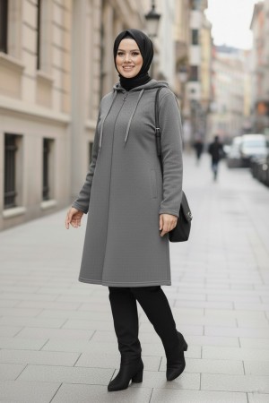 Büyük Beden Kapşonlu Fermuarlı Polar Kap  Gri