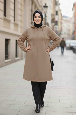 Büyük Beden Kapşonlu Fermuarlı Polar Kap  Vizon