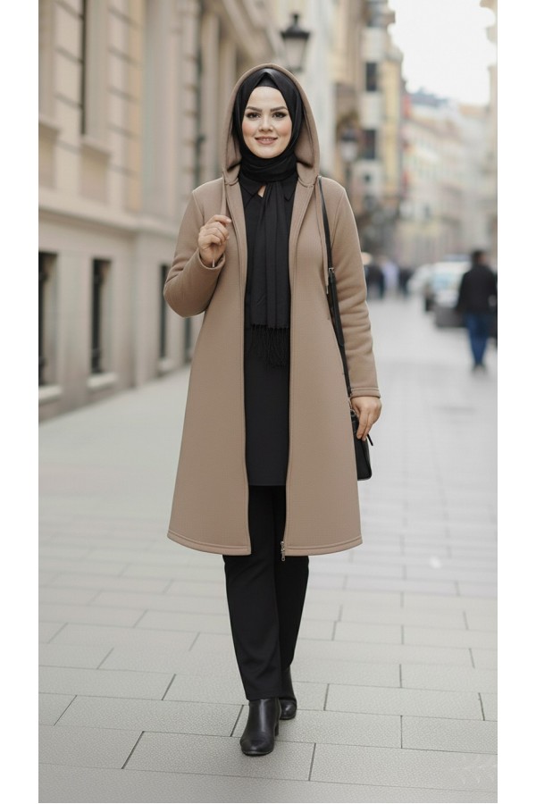 Büyük Beden Kapşonlu Fermuarlı Polar Kap  Vizon