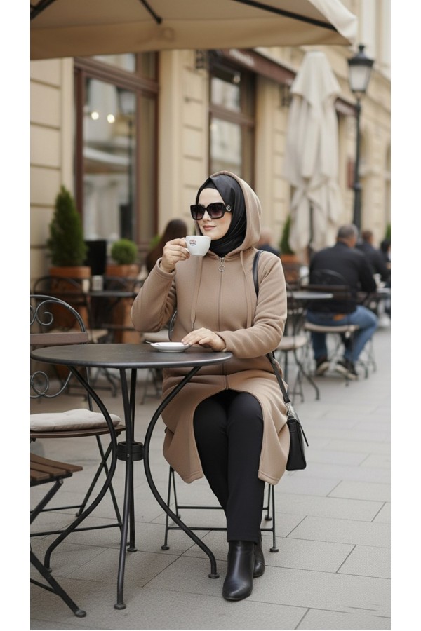 Büyük Beden Kapşonlu Fermuarlı Polar Kap  Vizon