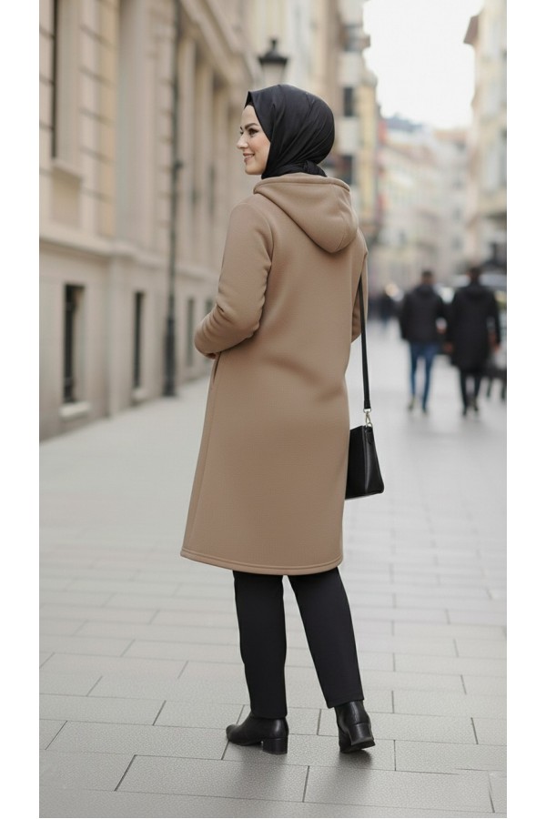 Büyük Beden Kapşonlu Fermuarlı Polar Kap  Vizon