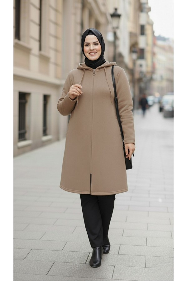 Büyük Beden Kapşonlu Fermuarlı Polar Kap  Vizon