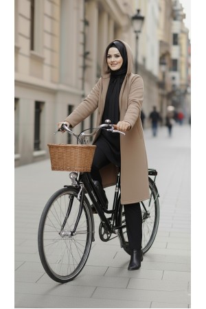 Büyük Beden Kapşonlu Fermuarlı Polar Kap  Vizon