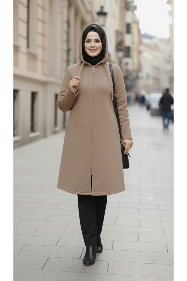 Büyük Beden Kapşonlu Fermuarlı Polar Kap  Vizon