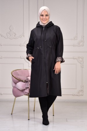 Leo Araboy Duble Kol İçi Leoparlı Bondit Kapşonlu Trenç-Siyah