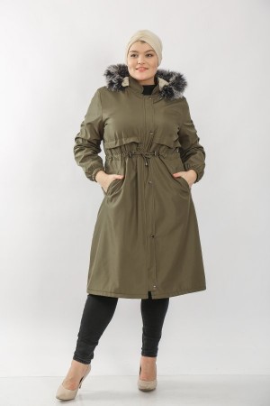 Büyük Beden Ara Boy Kürklü Kışlık Su Geçirmez Kaban  Haki