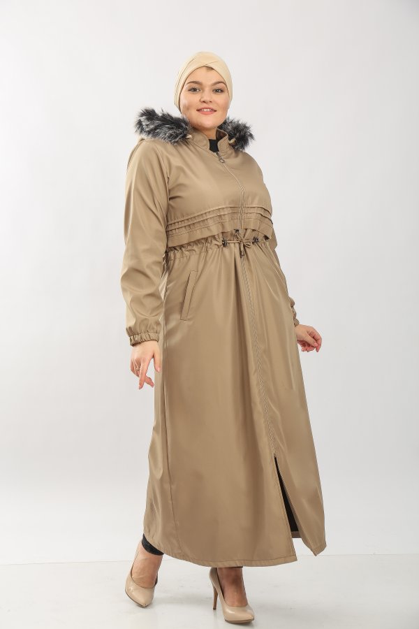 Kadın Büyük Beden Tam Boy Kürklü Kışlık Su Geçirmez Kaban  Vizon