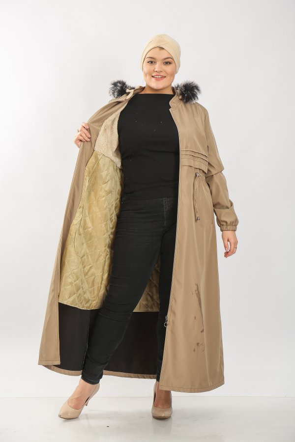 Kadın Büyük Beden Tam Boy Kürklü Kışlık Su Geçirmez Kaban  Vizon