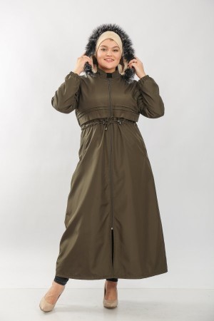 Kadın Büyük Beden Tam Boy Kürklü Kışlık Su Geçirmez Kaban  Haki