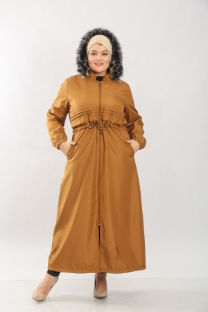 Kadın Büyük Beden Tam Boy Kürklü Kışlık Su Geçirmez Kaban  Taba