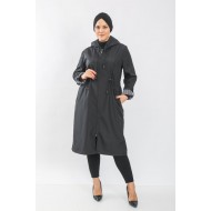 Çisem Ara Boy Duble Kol İçi Çizgi Desenli Bondit Kapşonlu Trenç Siyah