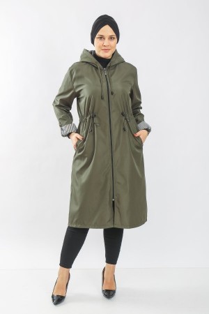 Çisem Ara Boy Duble Kol İçi Çizgi Desenli Bondit Kapşonlu Trenç- Haki