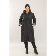 Çisem Ara Boy Duble Kol İçi Çizgi Desenli Bondit Kapşonlu Trenç Lacivert