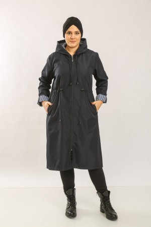 Çisem Ara Boy Duble Kol İçi Çizgi Desenli Bondit Kapşonlu Trenç Lacivert