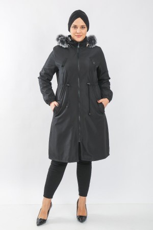 Kadın Büyük Beden Ara Boy Kürklü Kapaklı Cepli Kaban  Siyah