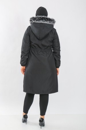 Kadın Büyük Beden Ara Boy Kürklü Kapaklı Cepli Kaban Siyah Kadın Büyük Beden Ara Boy Kürklü Kapaklı Cepli Kaban Siyah